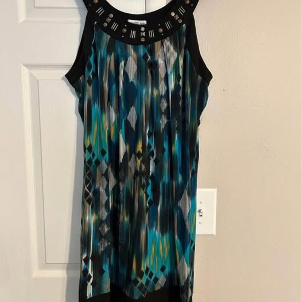 Robbie Bee Women’s Large Teal Black Abstract Shift Dress Studded Neck Sleeveless